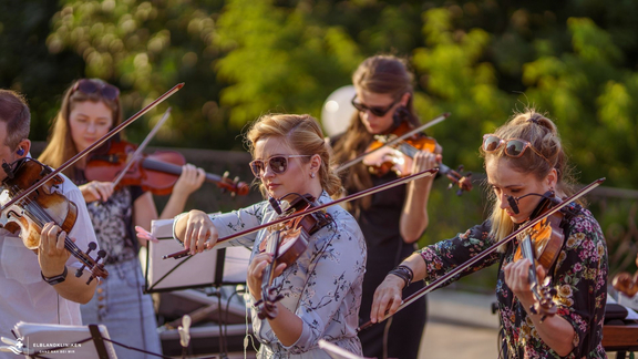 Frauen mit Streichinstrumenten im Grünen
