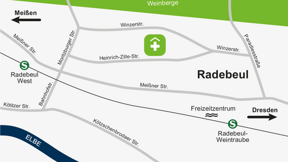 Anfahrtsskizze zum ELBLANDKLINIKUM Radebeul